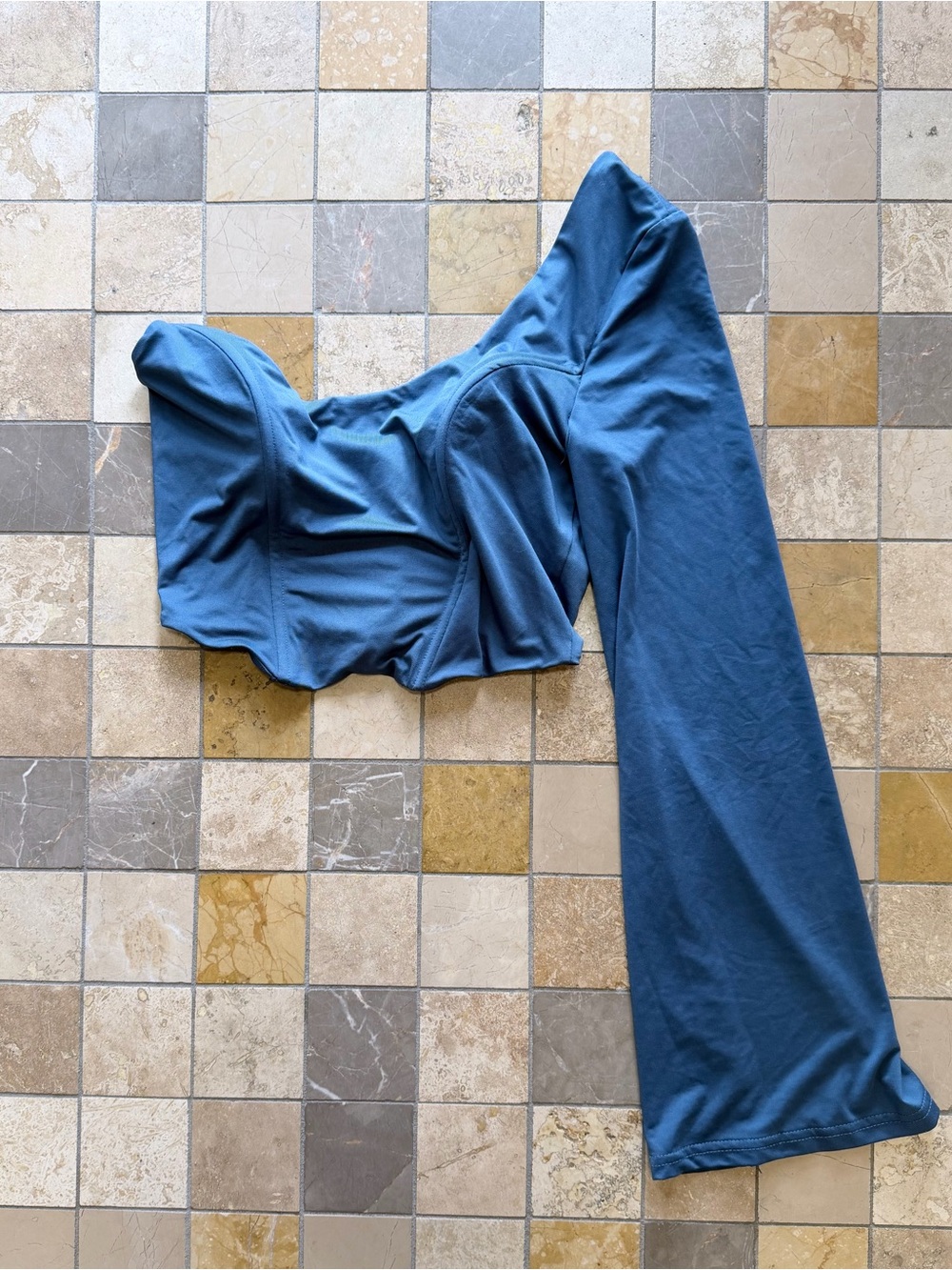 Blue One-Shoulder Long Sleeve Top